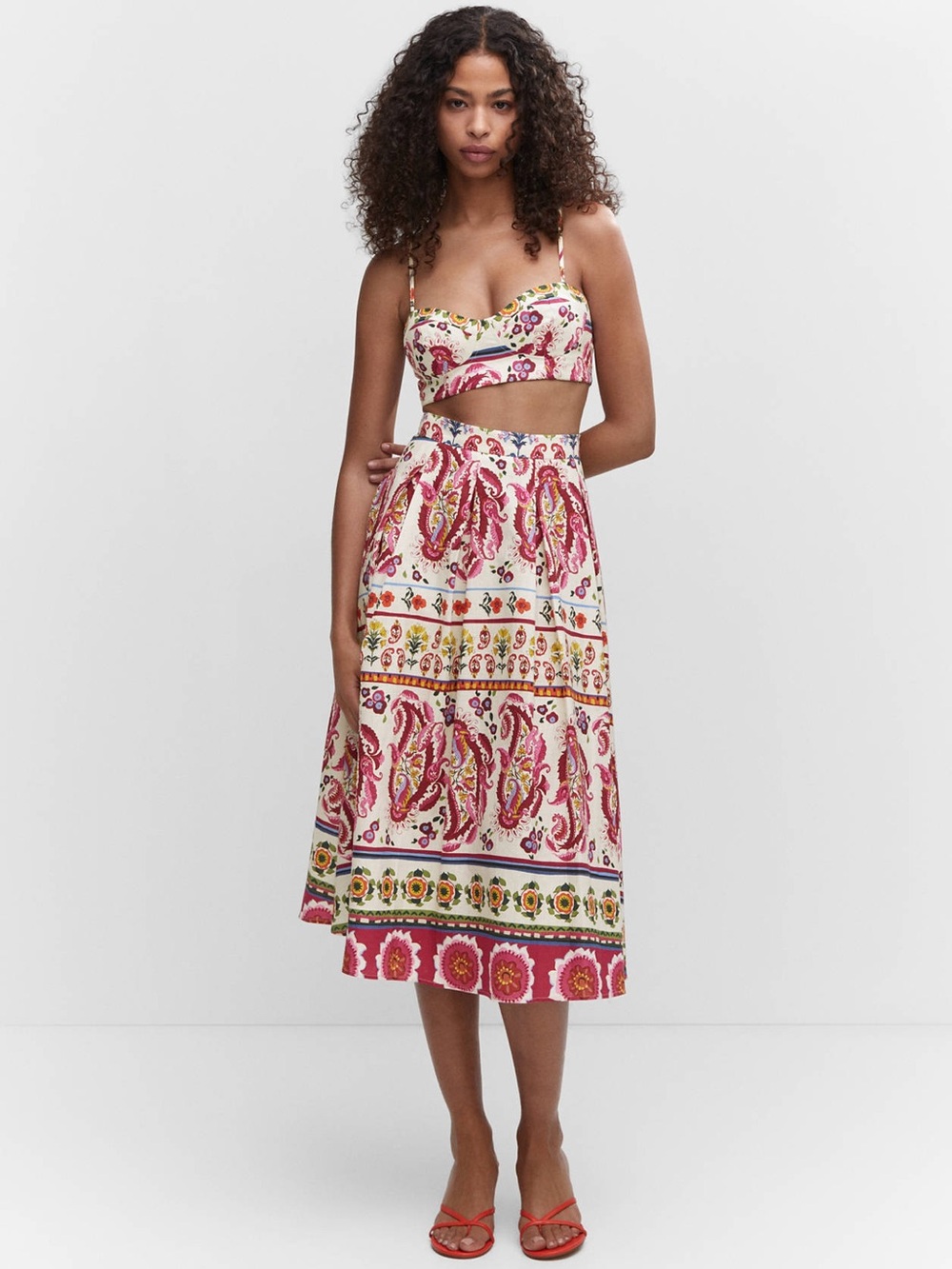 ‼️Mango Paisley Floral Linen & Cotton Midi Skirt